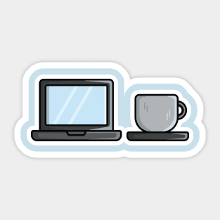 Laptop with Coffee Cup Sticker vector illustration. Technology and drink objects icon concept. Workspace with laptop and coffee cup vector sticker design with shadow. Sticker